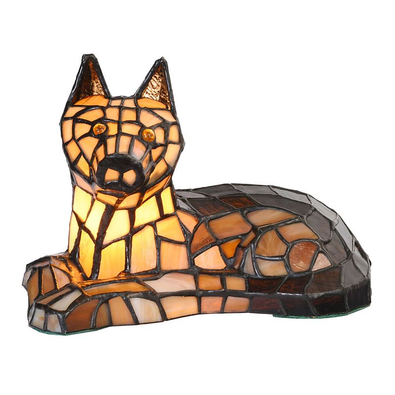 Foto van Lumilamp tiffany tafellamp hond 25x13x17 cm bruin glas tiffany lampen nachtlampje glas in lood bruin tiffany lampen