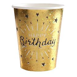 Foto van Verjaardag feest bekertjes happy birthday - 10x - goud - karton - 270 ml - feestbekertjes