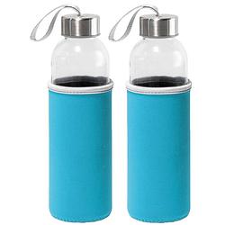 Foto van 2x stuks glazen waterfles/drinkfles met turquoise blauwe softshell bescherm hoes 520 ml - drinkflessen