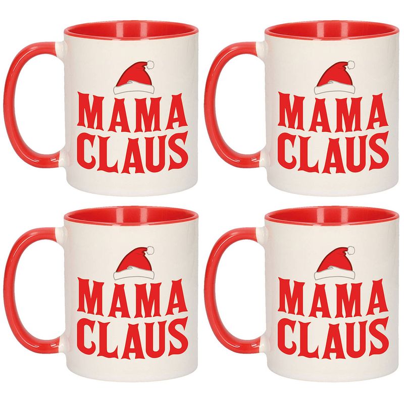 Foto van Set van 4x stuks mama claus koffiemokken / theebekers rood kerst cadeau mama 300 ml - bekers