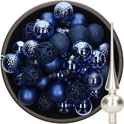 Foto van 37x stuks kunststof kerstballen 6 cm kobalt blauw incl. glazen piek mat zilver - kerstbal