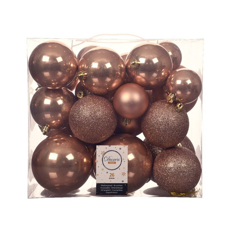 Foto van 26x stuks kunststof kerstballen toffee bruin 6-8-10 cm glans/mat/glitter - kerstbal