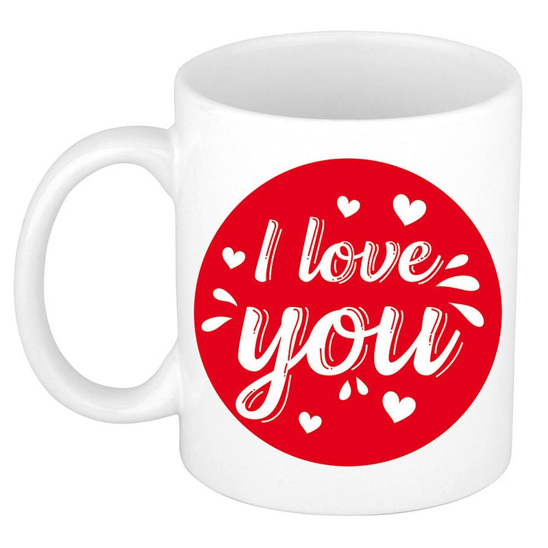 Foto van I love you cadeau mok / beker wit cirkel met hartjes 300 ml - feest mokken