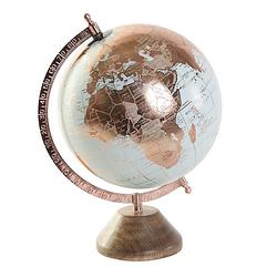Foto van Items deco wereldbol/globe op voet - kunststof - blauw/rose goud - home decoratie artikel - d20 x h30 cm - wereldbollen