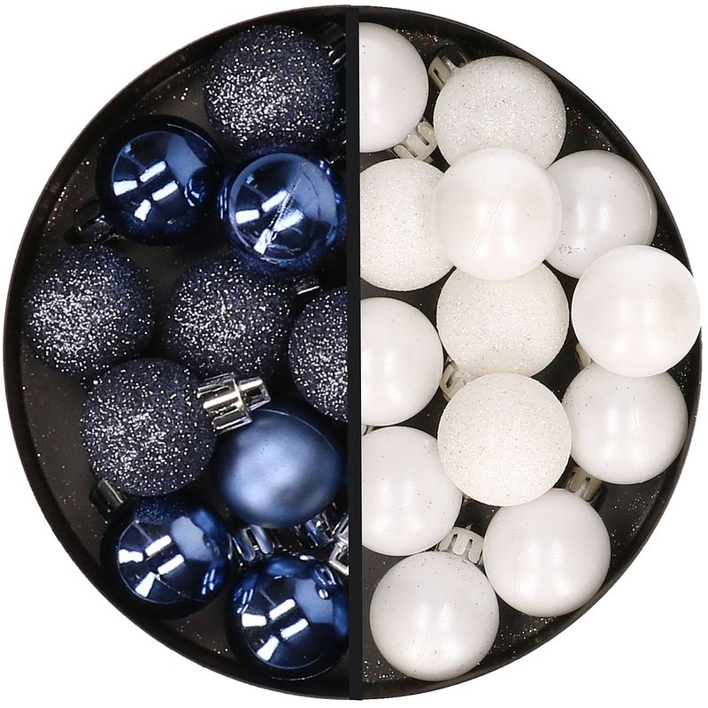 Foto van 34x stuks kunststof kerstballen donkerblauw en wit 3 cm - kerstbal