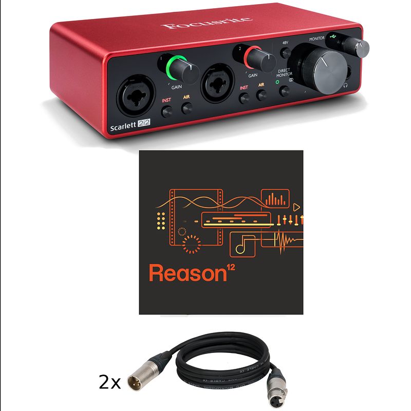 Foto van Focusrite scarlett 2i2 3rd gen bundel met reason plus 2x xlr-kabel (3 m)