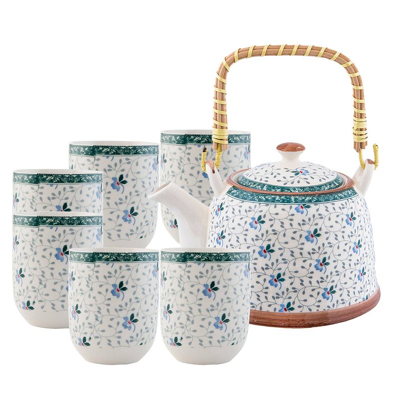 Foto van Haes deco - chinese thee set - theepot met 6 kleine kopjes - porselein - blauwe bloemetjes