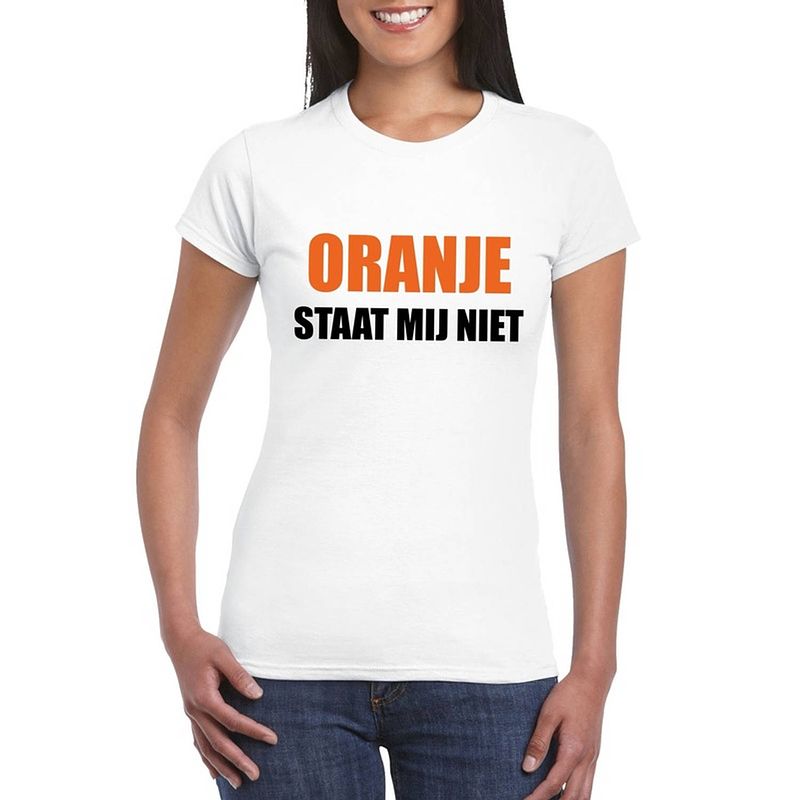 Foto van Oranje staat mij niet t-shirt wit dames xl - feestshirts