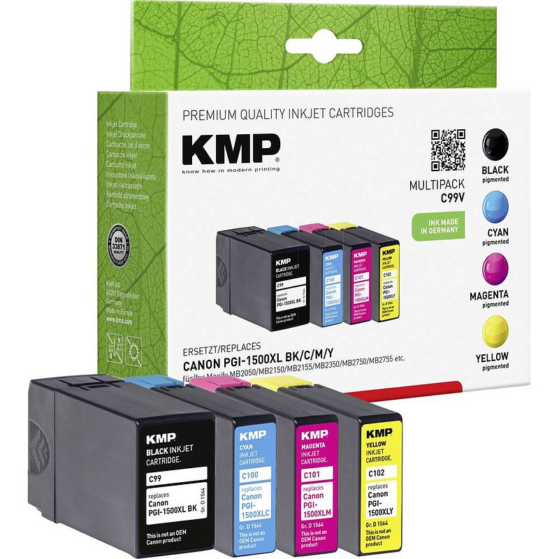 Foto van Kmp inkt vervangt canon pgi-1500xl compatibel combipack zwart, cyaan, magenta, geel c99v 1564,0050