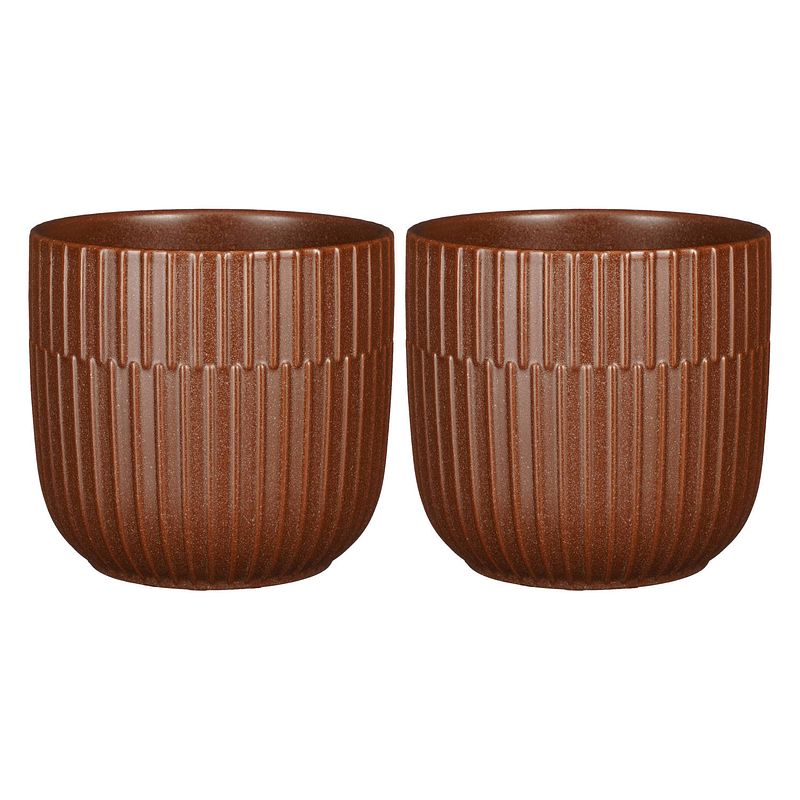 Foto van 2x stuks plantenpot/bloempot keramiek mat bruin stripes patroon - d14/h13 cm - plantenpotten