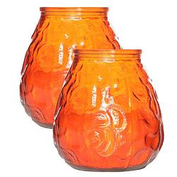 Foto van Set van 2x stuks oranje lowboy buiten tafel sfeer kaarsen 10 cm 40 branduren in glas - waxinelichtjes
