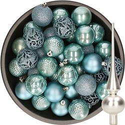 Foto van 37x stuks kunststof kerstballen 6 cm ijsblauw incl. glazen piek mat zilver - kerstbal