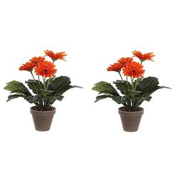 Foto van 2x stuks gerbera kunstplanten oranje in keramiek pot h35 cm - kunstplanten