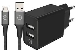 Foto van Xtrememac oplader met 2 usb a poorten 12w + bluebuilt micro usb kabel 1,5m nylon zwart