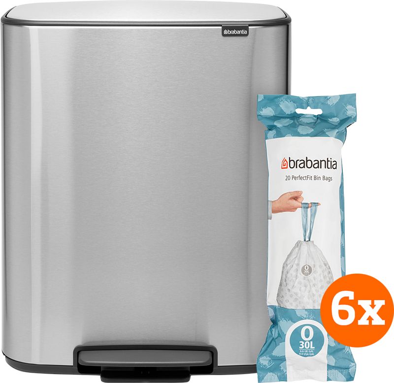 Foto van Brabantia bo pedal bin 2 x 30 liter rvs fingerprint proof + vuilniszakken (120 stuks)