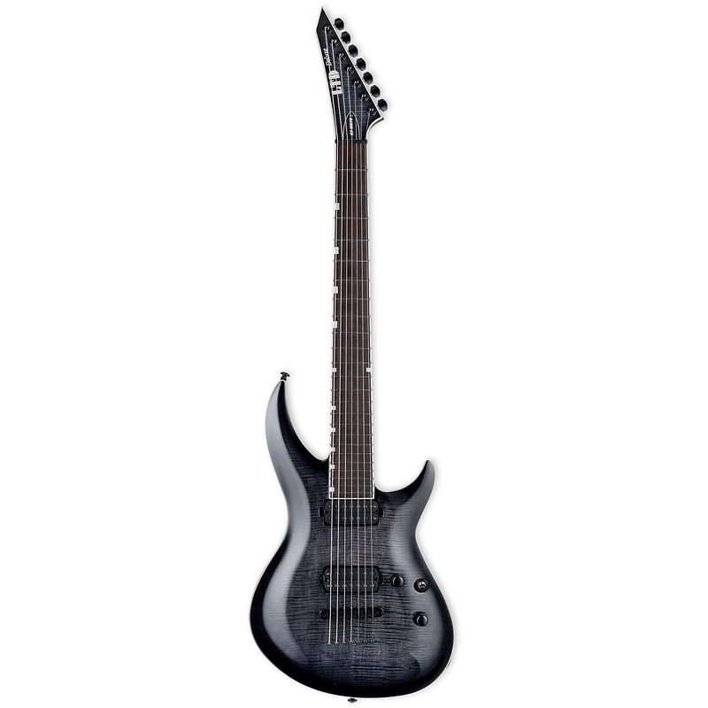 Foto van Esp ltd deluxe h3-1007 baritone see thru black sunburst 7-snarige elektrische gitaar met 27 inch mensuur