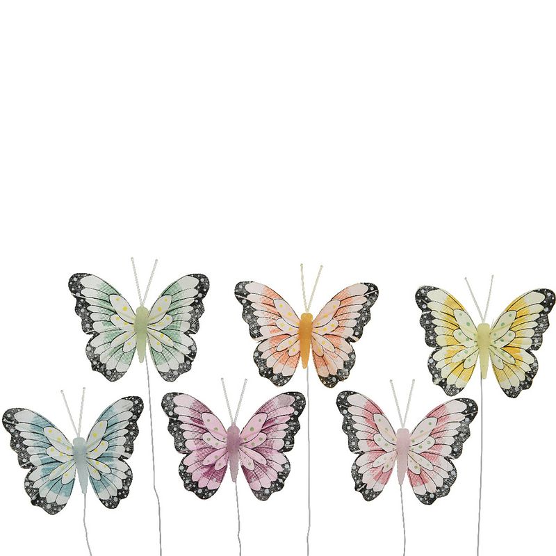 Foto van 6x stuks decoratie vlinders op draad gekleurd - 8 cm - hobbydecoratieobject