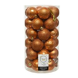 Foto van 37x stuks kunststof kerstballen cognac bruin (amber) 6 cm mat/glans/glitter - kerstbal