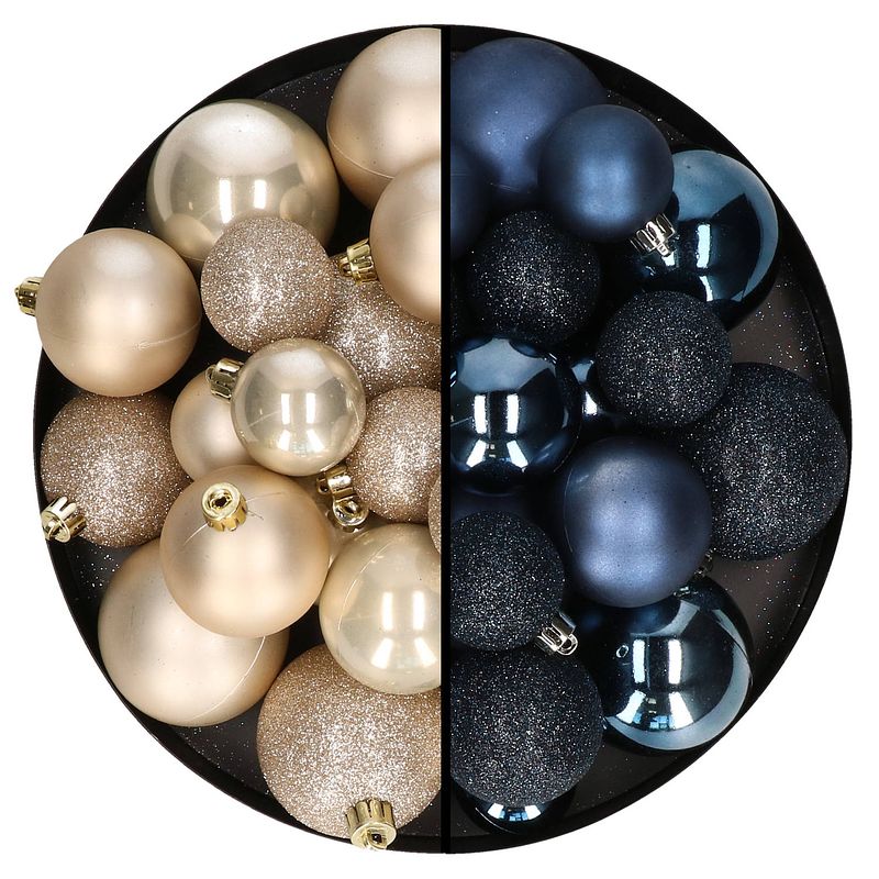 Foto van Kerstballen 60x stuks - mix donkerblauw/champagne - 4-5-6 cm - kunststof - kerstbal