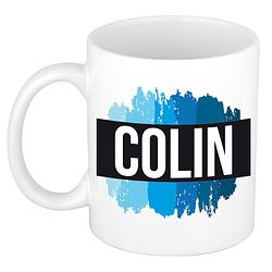 Foto van Naam cadeau mok / beker colin met blauwe verfstrepen 300 ml - naam mokken