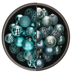 Foto van 74x stuks kunststof kerstballen mix turquoise blauw en ijsblauw 6 cm - kerstbal