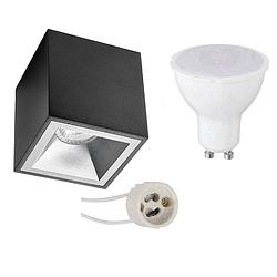 Foto van Opbouwspot set - pragmi cliron pro - gu10 fitting - opbouw vierkant - mat zwart/zilver - 6w - natuurlijk wit 4200k -