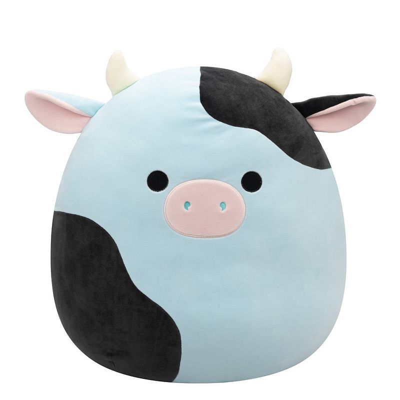 Foto van Squishmallows knuffel cillian de blauw-zwarte koe - 50 cm