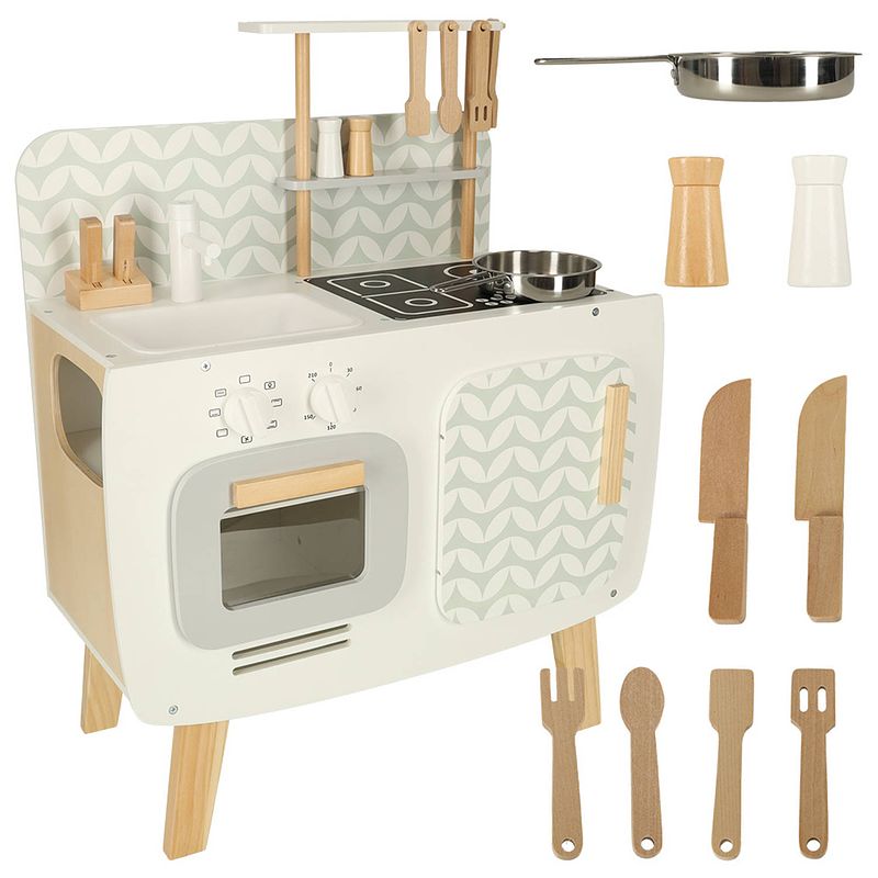 Foto van Lulilo vintage retro speelkeuken met accessoires - speelgoed keuken met kookplaat, wasbak en oven - 58 x 72,7 x 29,2 cm