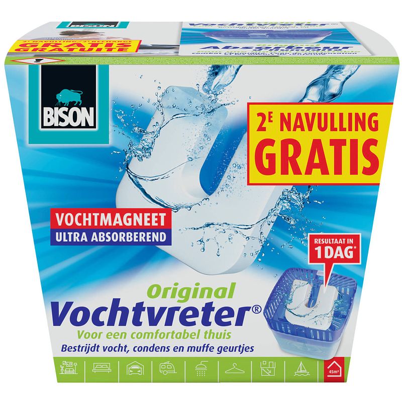 Foto van Bison vochtvreter / vochtvanger vochtmagneet 450 gram met extra navulling - vochtopnemers