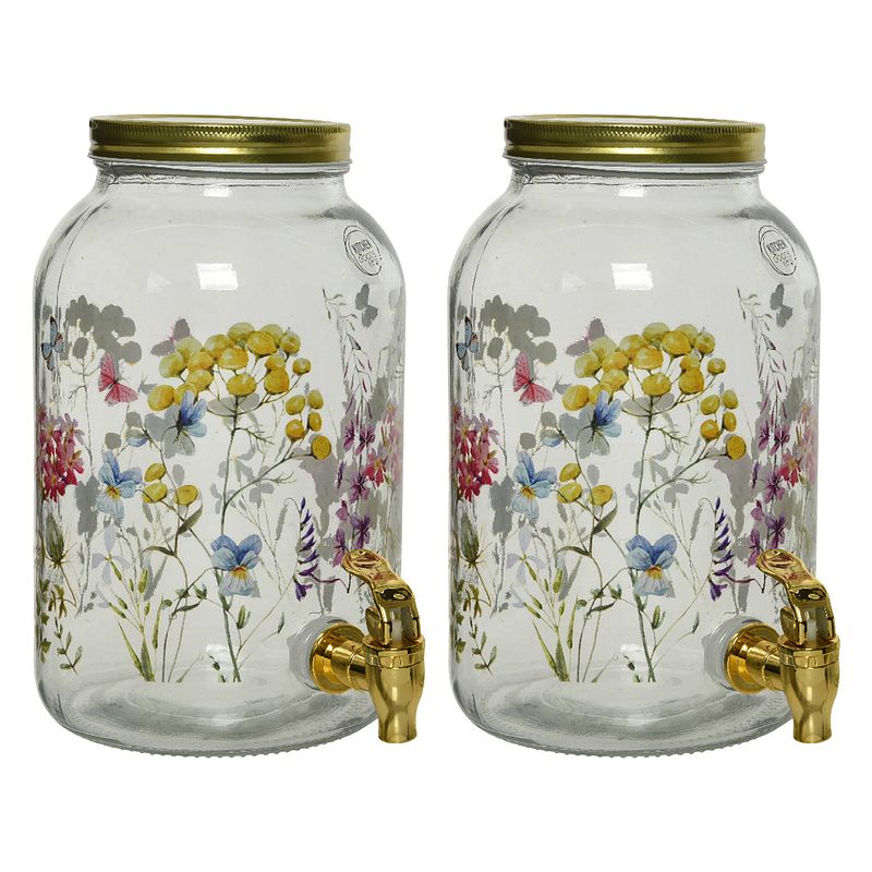 Foto van 2x stuks drankdispenser/limonadetap met kraantje - glas - 4l - bloemen - drankdispensers