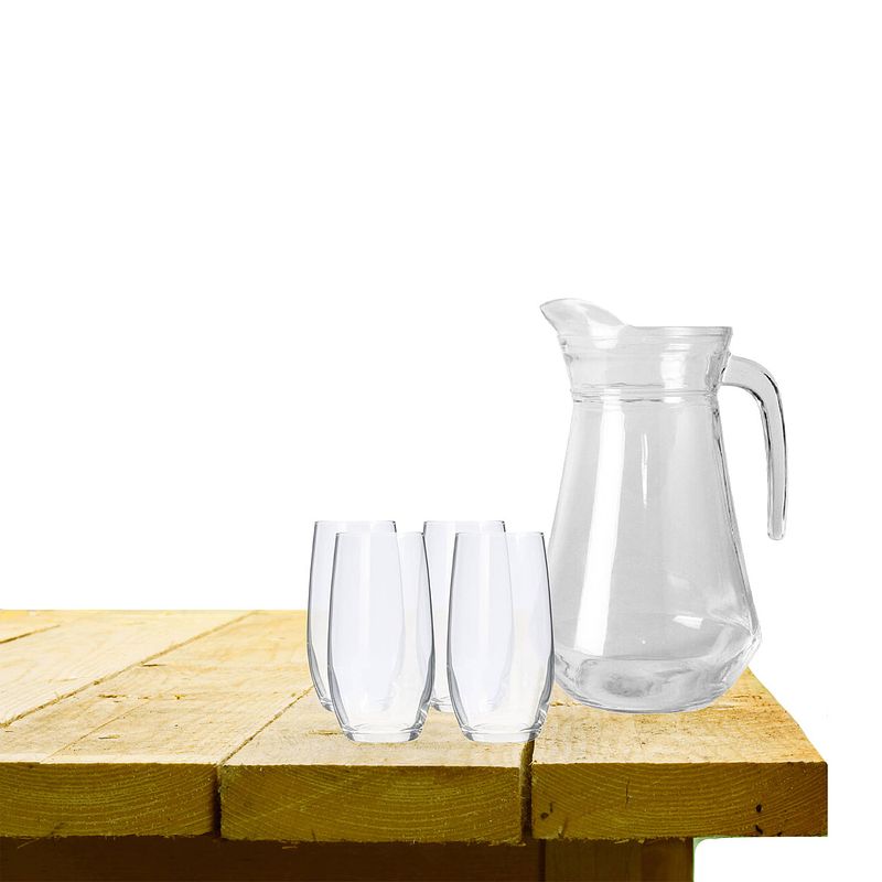 Foto van Excellent houseware karaf schenkkan glas 1000 ml met 4x stuks waterglazen - drinkglazen