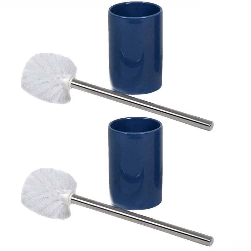 Foto van 2x stuks wc/toiletborstels inclusief houders blauw/zilver 37 cm van rvs/keramiek - toiletborstels