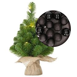 Foto van Mini kerstboom/kunstboom met verlichting 45 cm en inclusief kerstballen zwart - kunstkerstboom