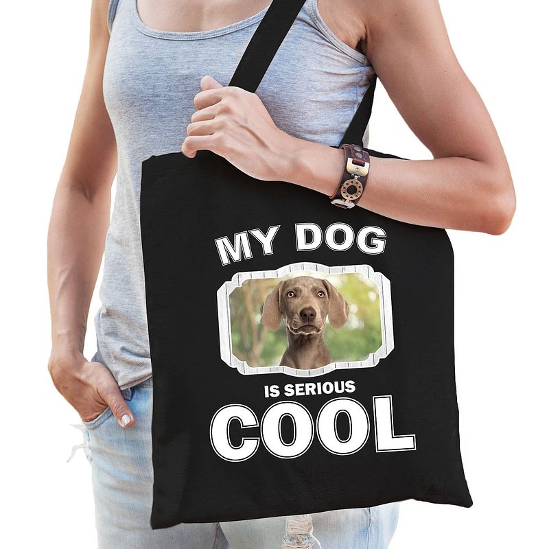 Foto van Katoenen tasje my dog is serious cool zwart - weimaraner honden cadeau tas - feest boodschappentassen