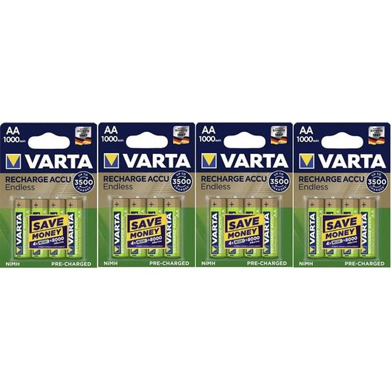 Foto van 16 stuks (4 blisters a 4st) varta oplaadbare aa batterij 1000 mah