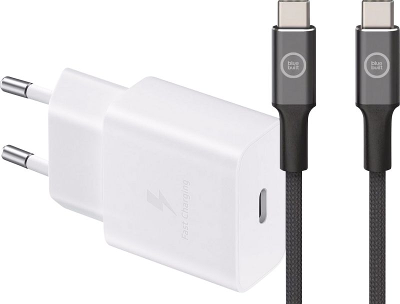 Foto van Samsung power delivery oplader 15w wit + bluebuilt usb c kabel 1,5m nylon zwart