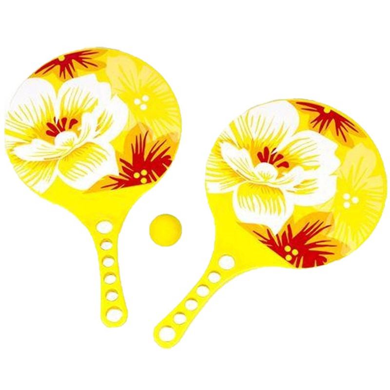 Foto van Kunststof beachball set geel hibiscus print - beachballsets