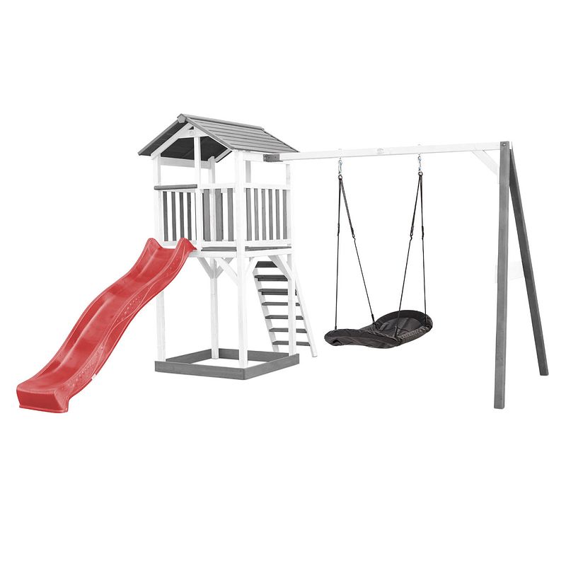 Foto van Axi beach tower speeltoestel van hout in grijs en wit speeltoren met zandbak, nestschommel en rode glijbaan