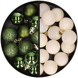 Foto van 34x stuks kunststof kerstballen groen en wolwit 3 cm - kerstbal