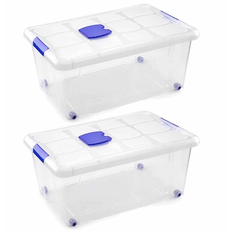 Foto van 2x opbergbakken/organizers met deksel 36 liter 59 cm transparant - opbergbox