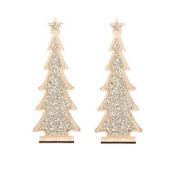 Foto van 2x stuks kerstdecoratie houten kerstboom glitter zilver 35,5 cm decoratie kerstbomen - kunstkerstboom