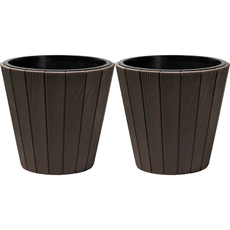 Foto van Prosperplast plantenpot/bloempot wood style - 2x - buiten/binnen - kunststof - donkerbruin - d30 x h28 cm - plantenpotte