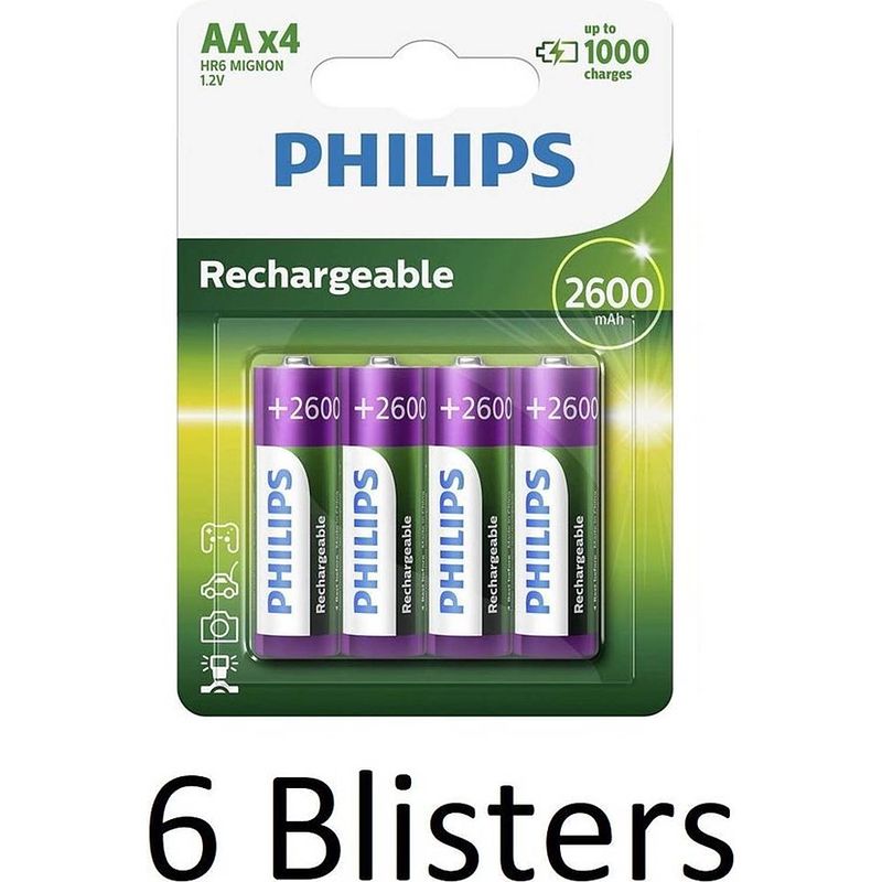 Foto van 24 stuks (6 blisters a 4 st) philips aa oplaadbare batterijen - 2500 mah