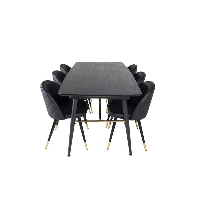 Foto van Gold eethoek eetkamertafel uitschuifbare tafel lengte cm 180 / 220 zwart en 6 velvet eetkamerstal pu kunstleer zwart.