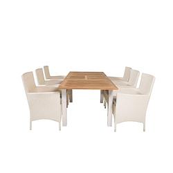 Foto van Panama tuinmeubelset tafel 90x152/210cm en 6 stoel malin wit, naturel.