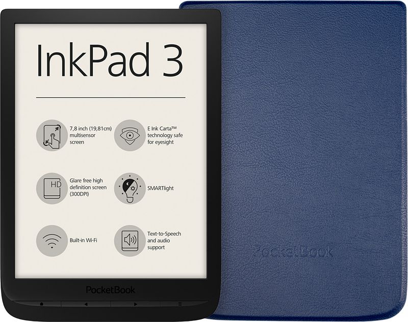 Foto van Pocketbook inkpad 3 zwart + pocketbook shell book case blauw