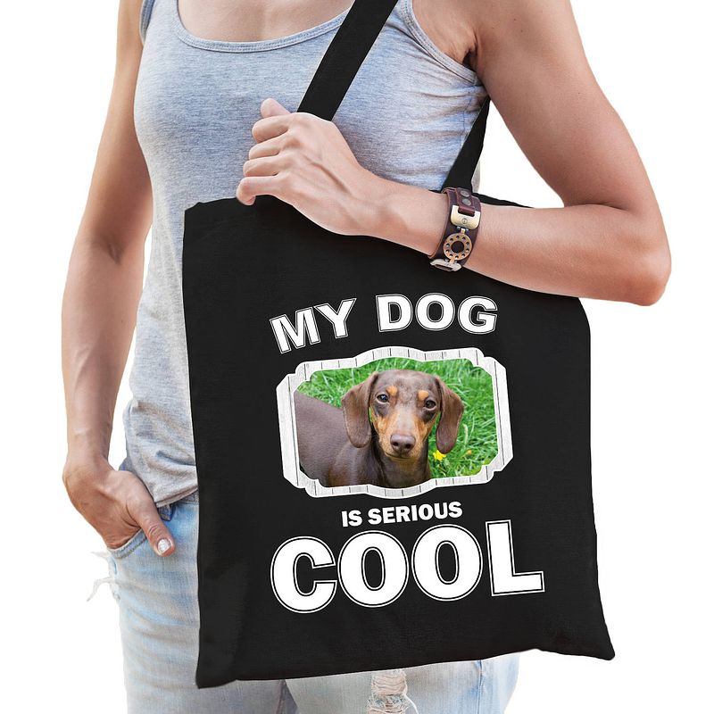 Foto van Katoenen tasje my dog is serious cool zwart - teckel honden cadeau tas - feest boodschappentassen