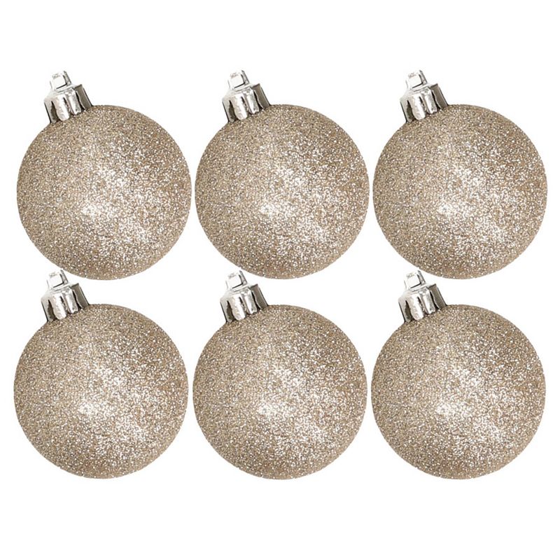 Foto van 6x stuks kunststof glitter kerstballen champagne 8 cm - kerstbal