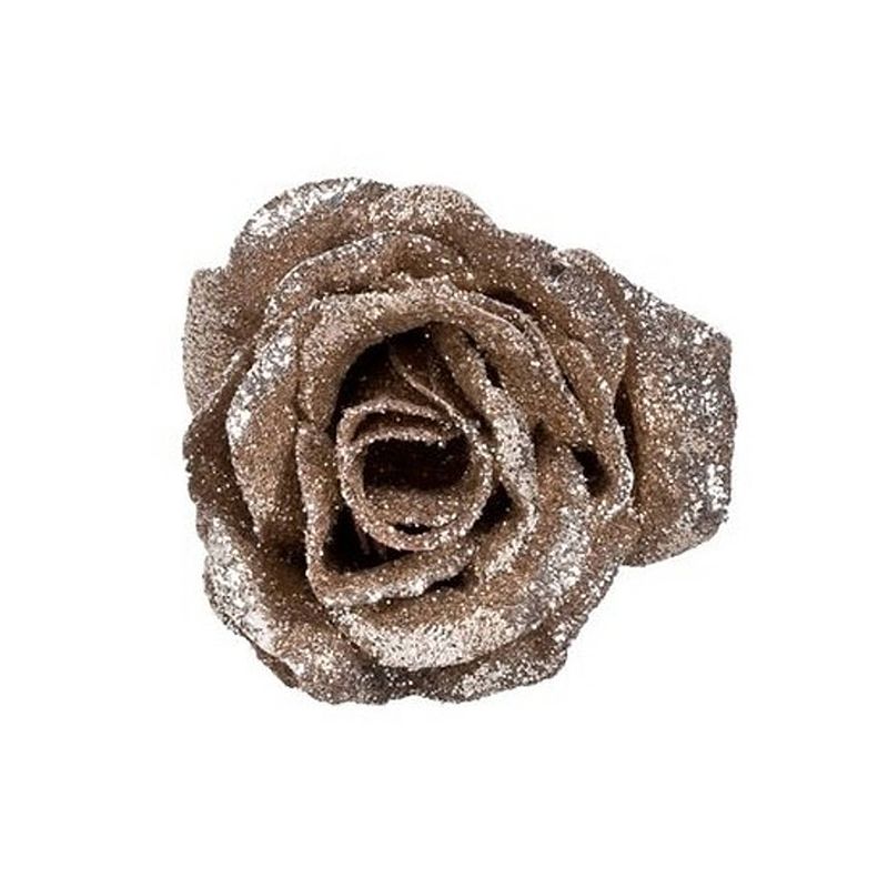 Foto van Champagne bloem roos met glitters op clip 7 cm - kerstversiering