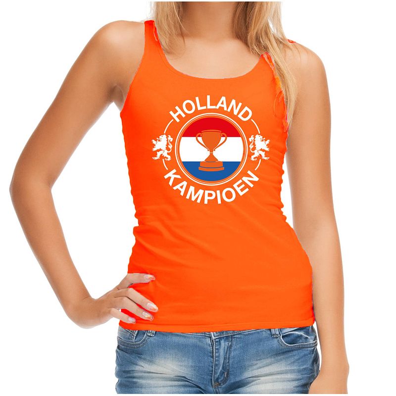 Foto van Oranje fan tanktop / kleding holland kampioen met beker ek/ wk voor dames l - feestshirts